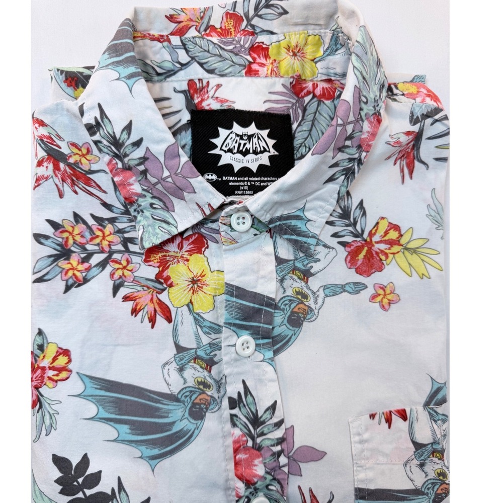 Batman Button Up Shirt Mens Large White Tropical Floral Short Sleeve Retro Style